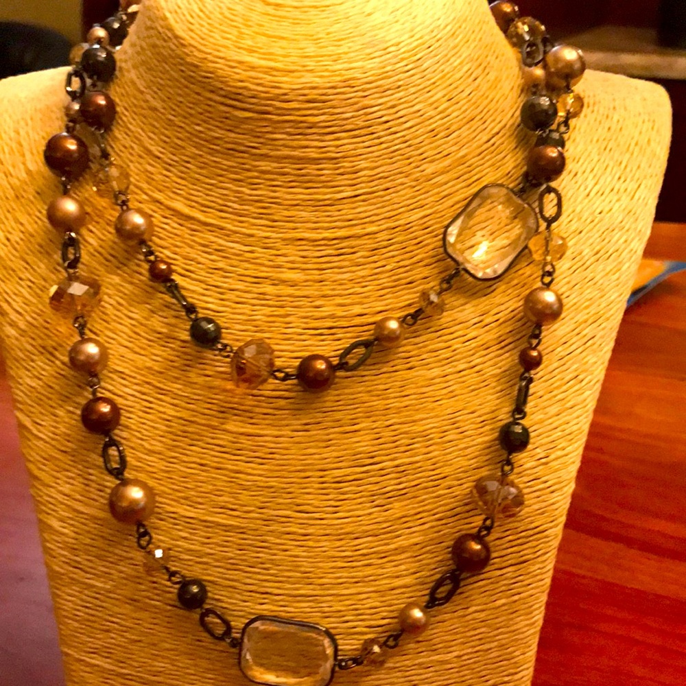 WHBM necklace 2 strands acrylic 18” clear earth tone brown beaded